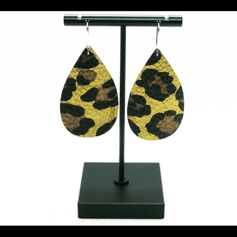 Cheetah print tear drop faux leather earrings